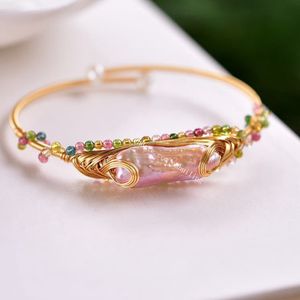 20st Naturfärgade Tourmaline Crystal Gemstone Oregelbundna Barock Pearl Beads Wire Wrapped Open Manschettkropp Bangle Armband för Kvinnor Smycken