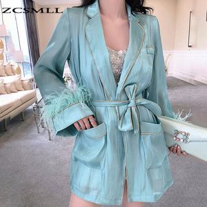 Women's Jackets Office Lady Tailored Coat Patchwork Feather Female Long Sleeve With Sash Lace Up Waisted Jacket 2021 Autumn