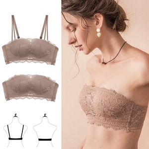 Lace Top Strapless Push Up Sexy Bra For Women Small Breast Seamless Invisible Bras Underwear Without Strap Lady Cotton Brassiere 201202