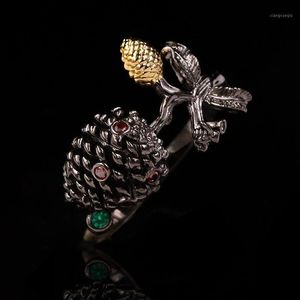 Kluster ringar unik antik design 925 Sterling Silver Ruby Bud Stamen Pine Cone Ring Kvinna Retro Bröllop Svart Guld Italienska Smycken