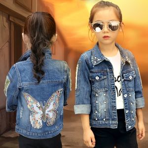 2020 große Mädchen Denim Jacke Strickjacke Mantel Kinder Jean Outwear Schmetterling Stickerei Pailletten Kinder Kleidung Frühling Kleidung LJ201125