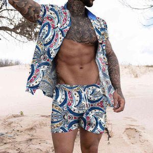 남성 패션 하와이 프린트 짧은 소매 셔츠 세트 남자 해변 코코넛 인쇄 반바지 남자 일일 해변 셔츠 세트 2 피스 S-4XL G1222