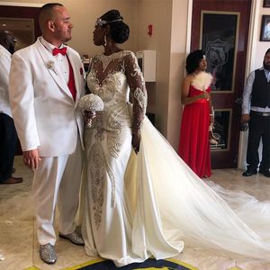 Şeffaf Boyun 3D Aplikler Dantel Denizkızı Gelinlik Uzun Kollu Afrika Gelinlik elbiseler de mariée ile Lüks Overskirts Gelinlik