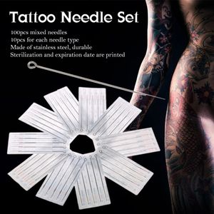 Set di aghi per tatuaggio misti da 100 pezzi 3RL 5RL 7RL 9RL 5M1 7M1 9M1 5RS 7RS 9RS Kit di strumenti per tatuaggio permanente professionale con rivestimento rotondo in acciaio inossidabile