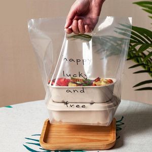 Gift Wrap 50PCS White Transparent Plastic Bags "happy Lucky And Free"With Handle Baking Bag Cake Dessert Bread Packaging Shopping