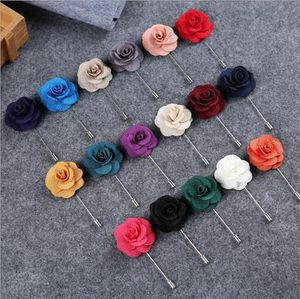 Mode Lapel Blomma Brosch Man Kvinna Camellia Handgjord Boutonniere Stick Brosch Pin Herrtillbehör i 16 färger Partihandel