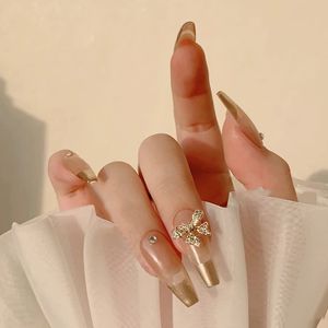 Gold French Fake Nails with Glue Press on 3D Bow Fingenails Long Coffin Acrylic Artificial Nail Tips 24 PCS