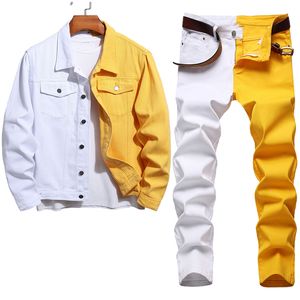 Conjuntos masculinos de costura de duas cores primavera outono amarelo e branco jaqueta jeans + plissado motocicleta estiramento jeans conjunto de duas peças