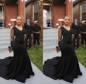 Fitted Black Mermaid Evening Dresses Plus Size Satin Long Sleeve Prom Dresses With Lace Vintage African Women Formal Pageant Dress 2021