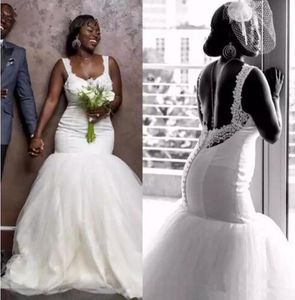 Projektant Nowa afrykańska syrena sukienki plus size bez pleców koronkowe aplikacje Court Train Black Girls Sukienka ślubna ślubna suknie ślubne Vestidos