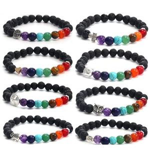 Fatto a mano 8Mm 7 Chakra Braccialetto di perline di pietra lavica naturale per uomo Testa di Buddha Albero della vita Gufo Elefante Braccialetto di fascino Gioielli di moda Ion5C