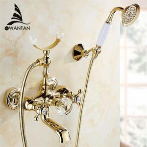 バスタブの蛇口の贅沢なゴールドの真鍮の浴室蛇口のミキサータップの壁に取り付けられた手持ち式シャワーヘッドキットシャワー蛇口セットHS-G018 LJ201211