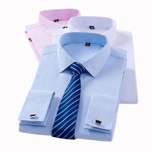 Men's Classic French Cuff Dress Shirts Long Sleeve No Pocket Tuxedo Male Shirt with Cufflinks Formal Party Wedding White Blue 220216