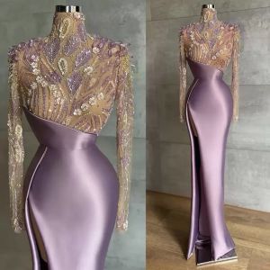 Mermaid Evening Lavender Dresses with Long Sleeves Beading High Neck Satin Side Slit Plus Size Illusion Top Prom Party Gowns Designer Vestidos