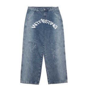 Мужские джинсы модный бренд всплеск печати Изношенная дыра Широкая нога папа брюки свободные хип-хопа прямые джинсы мужские мужчины