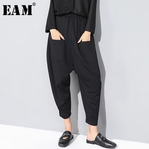[Eam] nova primavera outono alta cintura elástica solta bolso preto divisão conjunta solta harem calças mulheres calças moda jx5070 201111