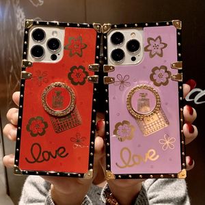 Glitter Flowers Perfume Case for iPhone 14 13 Pro Max 12 11 XS XR X 8 7 6 Plus Gold With Finger Ring Stand Square Cover High Qiality