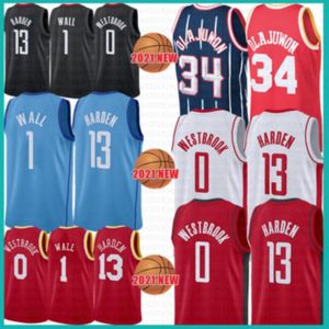 2021 New James 13 Harden maglia da basket Russell 0 Westbrook Mens Hakeem 34 Olajuwon Cheap John 1 Wall Mesh Retro Red