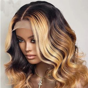 Highlights Wig Blonde Brown Bob Wavy With Bangs 360 Lace Frontal Natural Hairline Transparent 13x6 Lace Front Human Hair Fringe