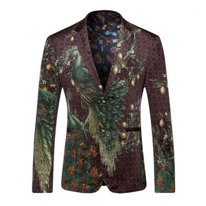 Men's Suits & Blazers Blazer Men 2021 Peacock Printed Casual Suit Jacket Slim Fit Homens Mens Stage Wear Brand Coat Q2051