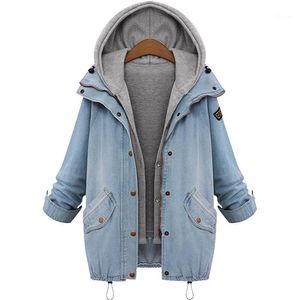 女性用ジャケット卸売 -  2021女性カジュアルニットジーンズジャケット2ピースセットデニムフード付き特大コートOutwear Plus Sige1