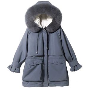 大きな天然のキツネの毛皮のフード付きの冬のジャケットの女性90 ホワイトアヒルダウン厚いパーカーの暖かいサッシネーションアップスノーコート