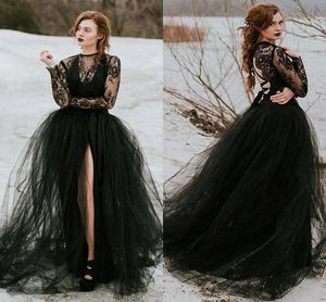 Vintage Bobemian Black Lace Tulle Gothic Wedding Suknie Z Długim Rękawami Sexy Sheer Top Slit Spódnica Linia Suknie Ślubne Dwa kawałki AL7238