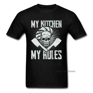 100% Cotton Men's T Shirt My Kitchen My Rules Chef Tshirt Vintage Design Male T-shirt Skull Tees Funny Cooker Clothes Black Tops G1222