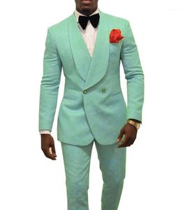 Mäns kostymer blazers mintgrön dubbelbröstmönster mönstrad kostym brudgum tuxedos för bröllop sjal lapel två styck (blazer + byxor) 2021 1