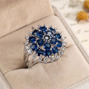 Requintado chique azul zircão anéis para mulheres senhoras na moda flor elegante princesa anéis de jóias de natal presentes dropship anillos