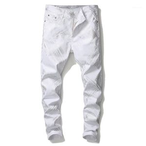 Men's Male Silver Snake Skin Printed White Jeans Fashion Slim Fit Stretch Denim Pants Trousers