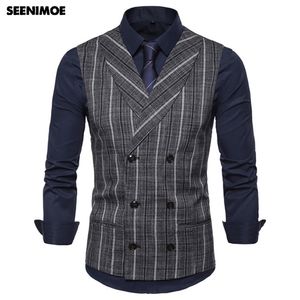 Seenimoe Mens 스트라이프 체크 무늬 공식 블레이저 조끼 캐주얼 더블 브레스트 남자 조끼 슈트 EU 사이즈 S-XXL 남성 캐주얼 와이어 코트 201106