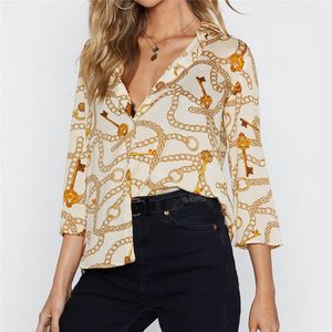 New Arrival Womens Clothing Blouses & Shirts Curb Chain Printed Lapel Seven Sleeves Loose Shirt Size S-3XL