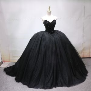 Gorgeous Black Ball Gown Prom Dresses Sparkling Beading Top High Waist Sweep Train Evening Gowns Runway Dresses