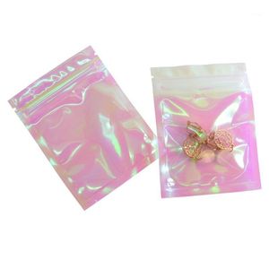 Storage Bags Thick Reclosable Holographic Pink Zipper Packaging Bag Cosmetic Jewelry Flat Pouches Laser Small Plastic 100pcs