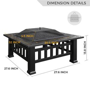US stock Multifunctional Fire Pit Table 32in 3 in 1 Metal Square Patio Firepit Table BBQ Garden Stove with Spark Screen a54