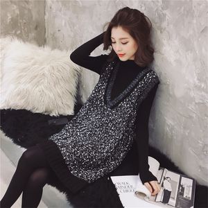 Spring Autumn Women Knitted Two-piece Set Fashion V-neck Loose Vest Knitted Bright Silk Vest Dress High-neck Bottom Sweater LJ201017