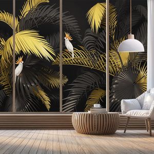 Foto feita sob encomenda Wallpaper para o quarto Paredes Mão 3D pintado planta Tropical Golden Leaf parede Parrot Pintura Living Art Quarto Mural