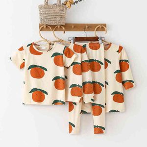 Småbarns pojke Tjej Kläder Familj Matchande Kläder Bomull Casual T shirt Klänningar Orange Baby Romper Legging Kids Tees Clothes G0119