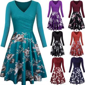 Casual Dresses Women Long Sleeve Dress V Neck Floral Print Big Hem Slim Wrinkle Plus Size One Piece Suit Autumn Winter Female Party Wear