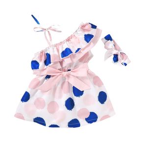 Round Print Bow Dress Set Baby Girl Toddler Dot alf Shoulder Dresses Ruffled Lace Hair Band Children Outwear 20220302 Q2