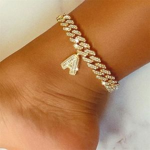 12mm DIY Gold Layered Initial Cuban Link Chain Iced Out Anklets for Women Anklet Ankle Bracelet Stainless Steel Jewelry 220216