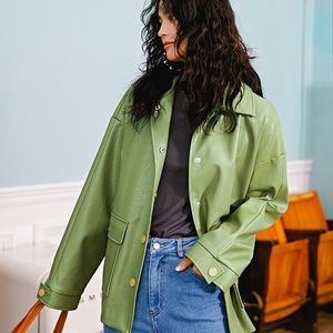 Ailegogo New Women Loose Pu Faux Soft Leather Green Jacket Turndown Collar Biker Overcoat Cappotto tascabile monopetto con cintura 201030