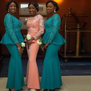 2021 New Lace Bridesmaid Dresses Långärmad Ruffles Satin Mermaid Prom Evening Gowns Plus Size Maid of Honor Dress