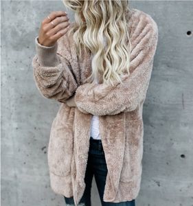 Moda- Womens Faux Fur Casacos Casacos de inverno com capuz Velvet Coats Projeto do bolso solto Coats Mulheres Roupa Quente Tops macia Casacos