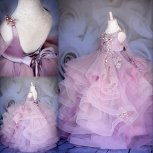 Stylish Backless Ball Gown Flower Girl Dresses For Wedding Beaded Toddler Pageant Gowns Long Sleeves Tulle Appliqued Tiered Kids Prom Dress