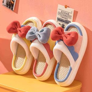 Slippers Women Cartoon Cute Bow Indoor Home Lovers Platform Summer Shoes Breathable Fabric Female Male House Floor Slides 220304