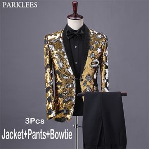 Shiny Gold Sequin Tuxedo костюм мужской шал воротник Slim Fit Gliiter платье костюмы мужские вечеринки свадебный ужин выпускной, Terno Masculino 4XL 201106