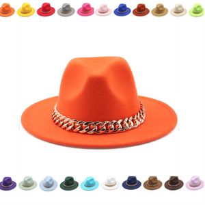 Women Fedoras Golden Chain Fedora Men Wide Brim Solid Color Jazz Top Hat Autumn Winter New Panama Gentleman Hat Church Cowboy Hats