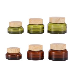 Vasetti di vetro cosmetico 15g 30g 50g Contenitori per crema per il viso per la cura della pelle verde ambra / oliva con tappo in plastica per venature del legno